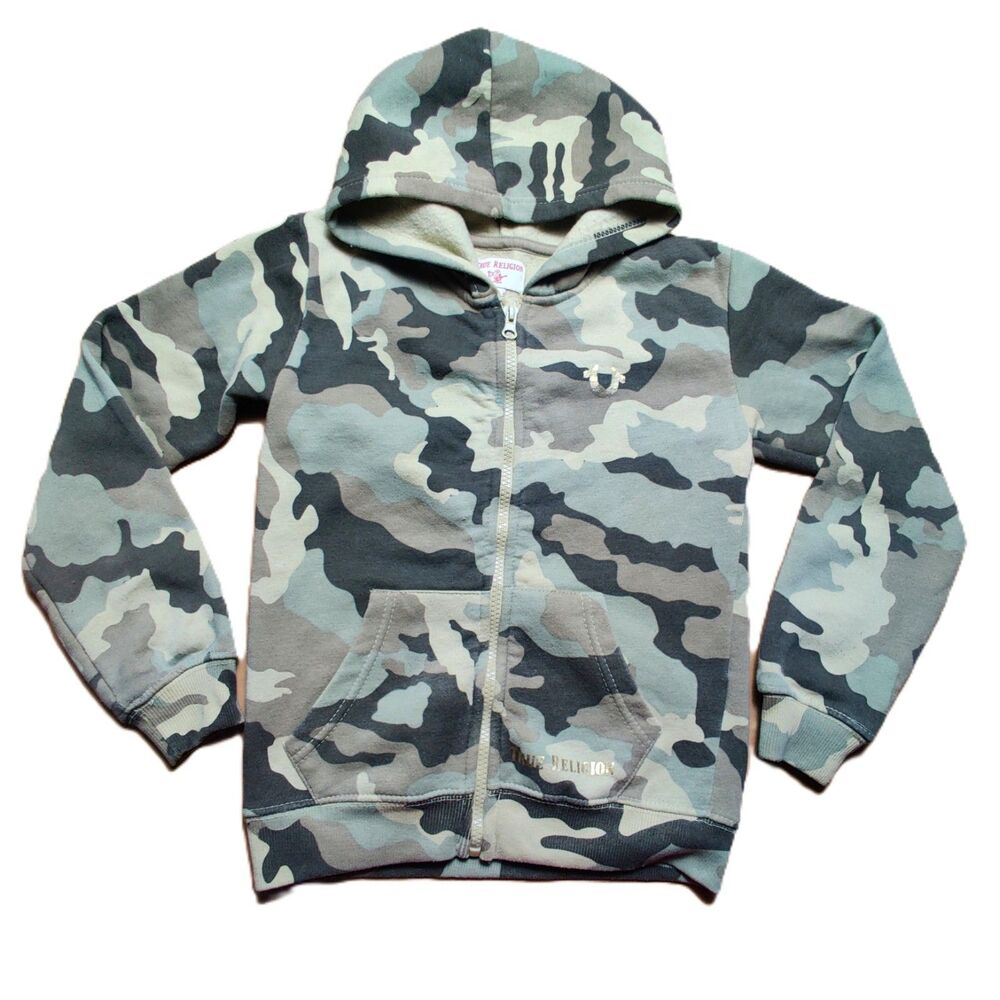 True Religion Girls Zip Hoodie Size 7 Camo Fleece Full Zip Logo Y2K